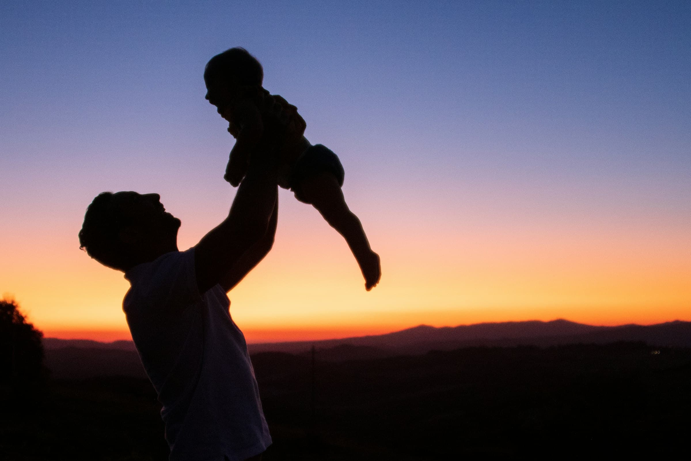 A parent lifting a child overhead against the last light of day