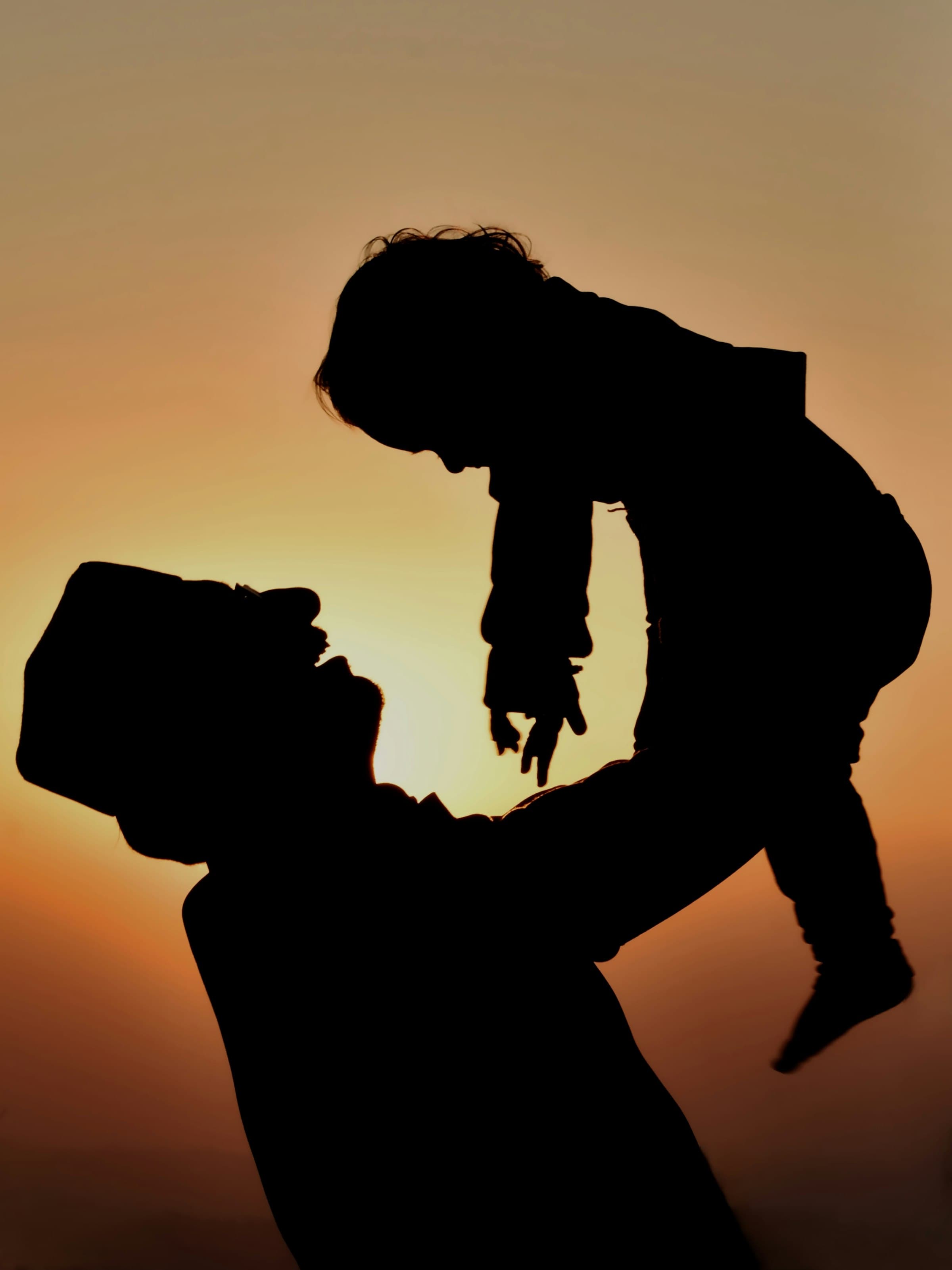 A father holding his child up to a sunset sky